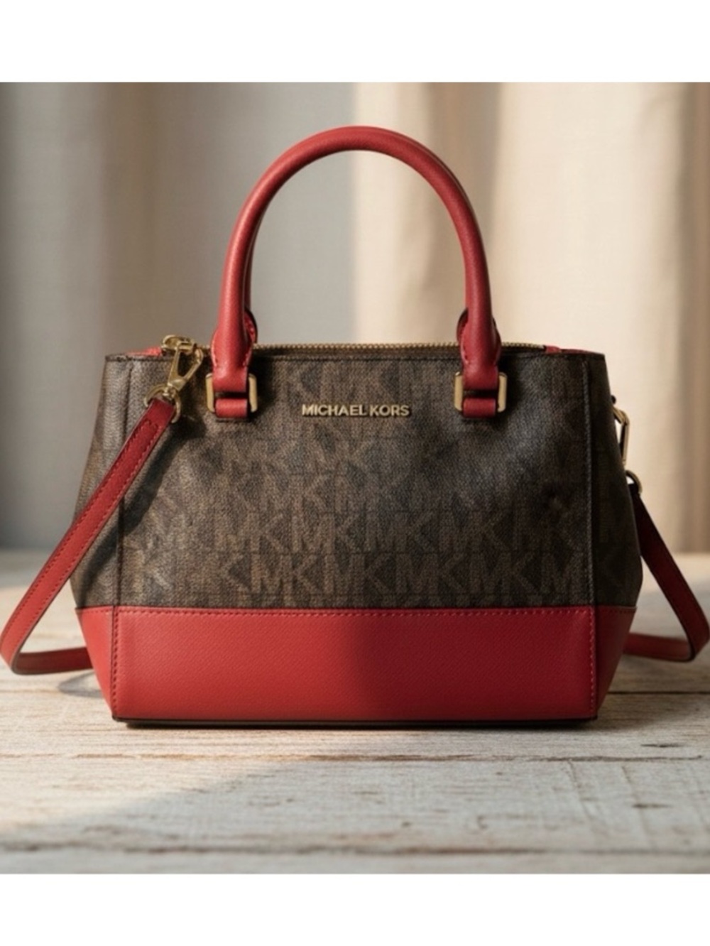 👜 MICHAEL KORS- Brown Logo Satchel with Deep Dark Pink Trim✨